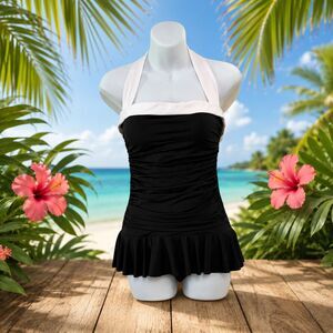 Lauren Ralph Lauren One Piece Swimsuit Halter Ruffle Skirt Size 10 Black & White